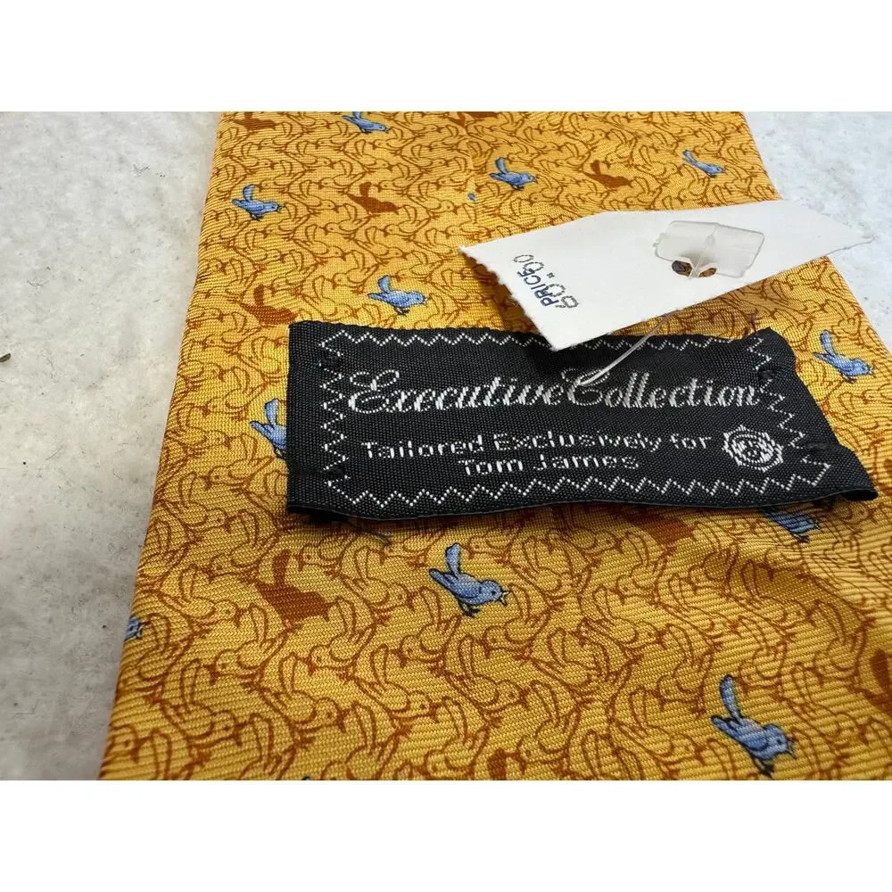 Tom James Executive Collection 100% Silk Tie Yellow with Rust and Blue Birds NWT